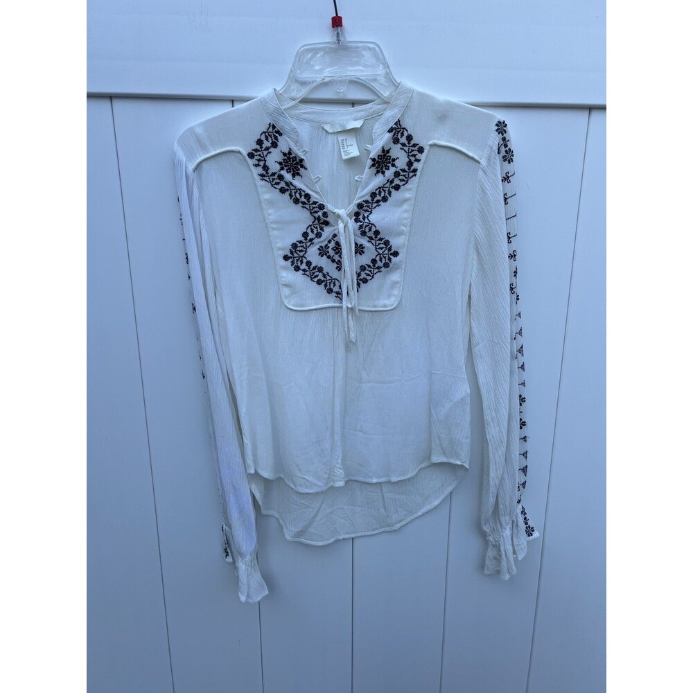 HM Women's Sz 2 Floral Long Sleeve Boho Top  Embroidered Gauzy White